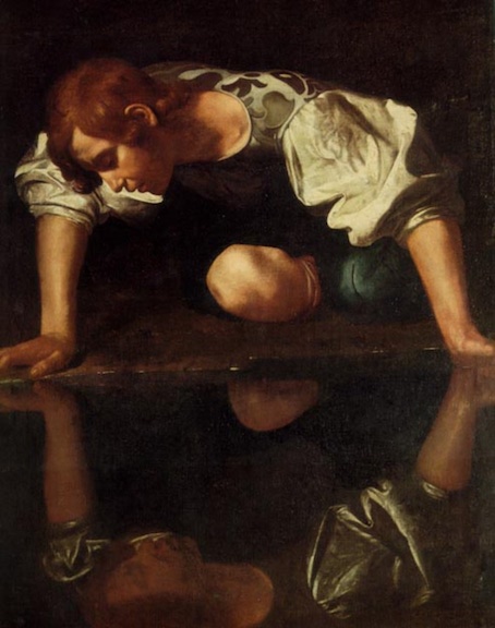 Narcissus, by Michelangelo Merisi da Caravaggio, c. 1597–1599, Oil on canvas. 110 cm × 92 cm (43 in × 36 in). Galleria Nazionale d'Arte Antica