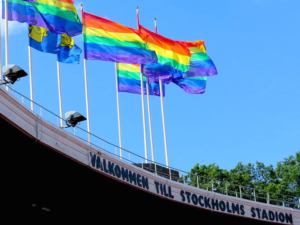 Stockholm’s Olympic Stadium was ringed in rainbow flags as it hosted the track and field events of the EuroGames Stockholm 2015 ©MRNY