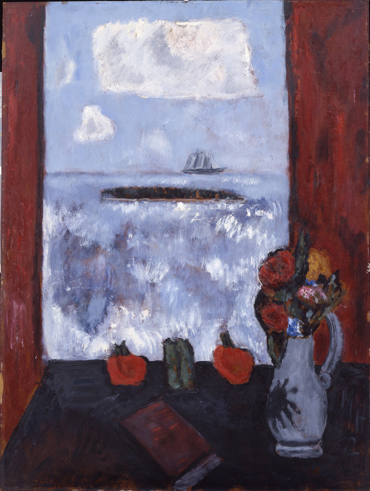 Marsden Hartley (American, 1877-1943) Summer, Sea, Window, Red Curtain 1942 Oil on masonite 40 1/8 x 30 1/2 in. (101.9 x 77.5 cm) Addison Gallery of American Art, Phillips Academy, Andover, Massachusetts, Museum Purchase